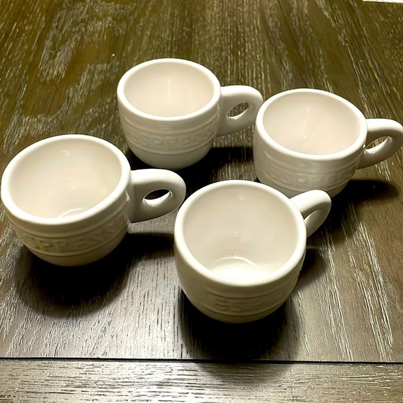 4 Pc Set Espresso Mugs Cups Holds 4 fl oz Triple White Ceramic With Handle - Picture 1 of 2